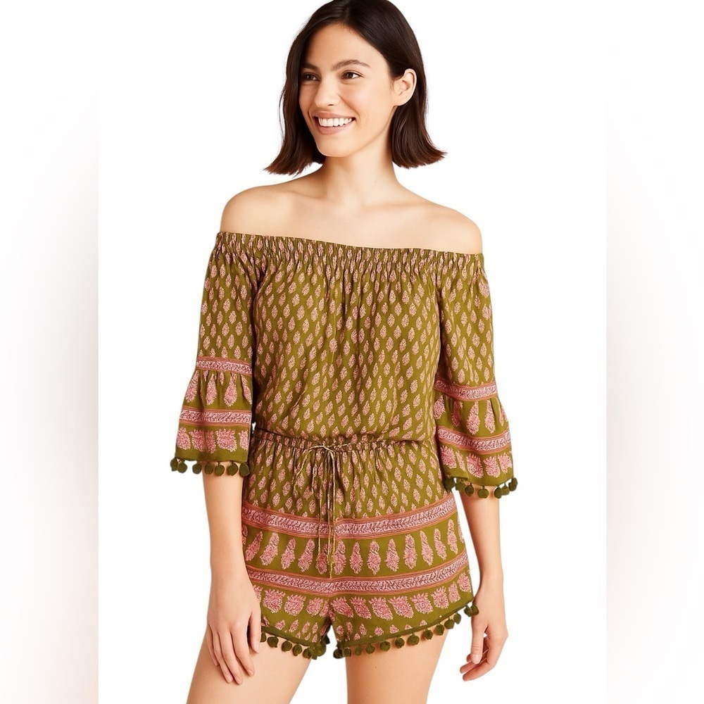 Anthropologie Raga Off Shoulder Boho Romper Pom Pom Trim Small